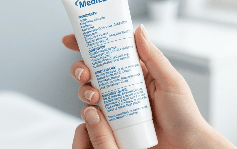 Main tenant un tube de lubrifiant et lisant attentivement la liste des ingrédients