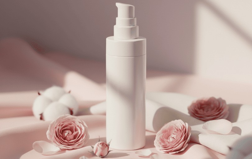 Lubrifiant intime femme sur fond rose pastel avec fleurs délicates symbolisant la féminité et le soin intime