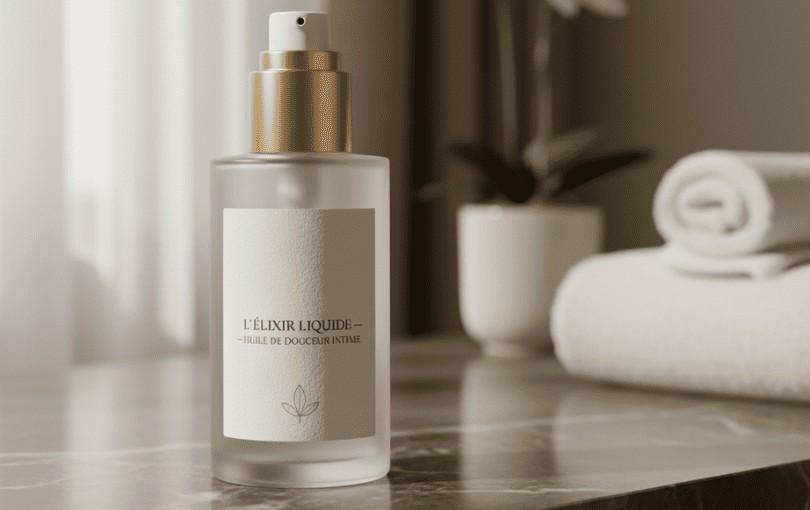 un flacon d'huile bien être poser sur un meuble vasque de salle de bain