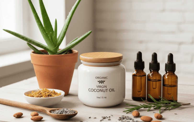 Ingrédients naturels pour fabriquer un lubrifiant intime maison - huile de coco, aloe vera et huiles végétales