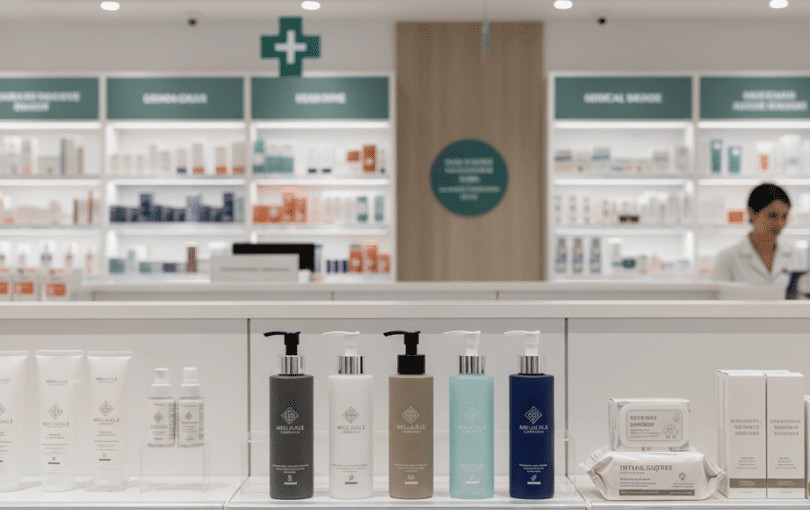Rayon de produits intimes dans une pharmacie moderne avec lubrifiants bien rangés
