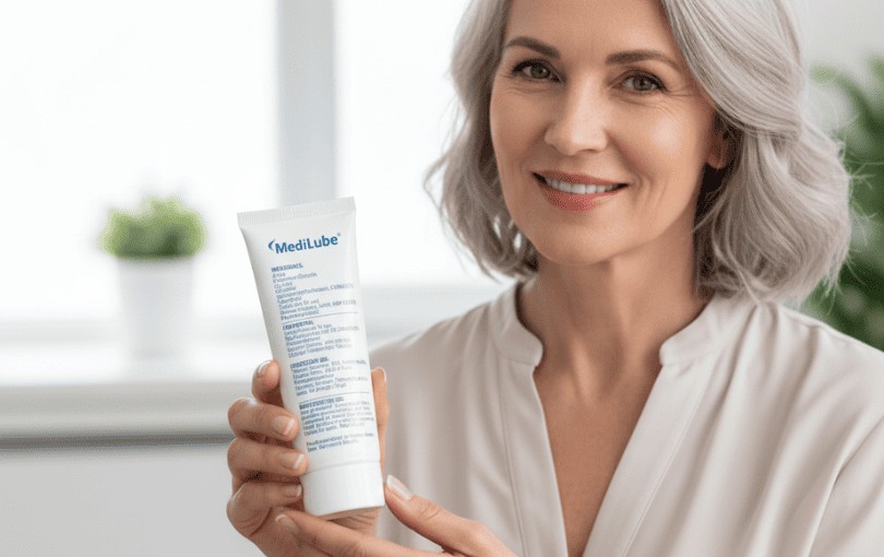 Femme mature souriante tenant un produit lubrifiant dans un contexte de bien-être et santé