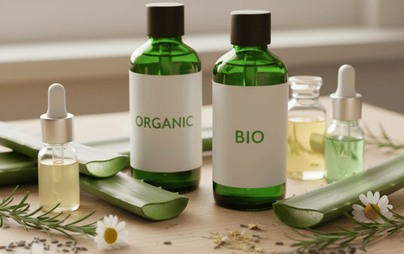 Lubrifiant naturel intime certifié bio avec ingrédients naturels comme aloe vera et huiles végétales sur surface en bois