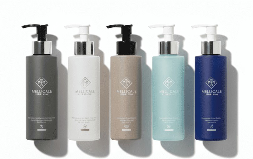 Collection de cinq produits lubrifiants haut de gamme pour hommes avec packaging moderne