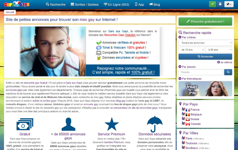 Page d'accueil du site de rencontre gay gratuit Gare aux Gays avec un jeune homme et la bannière d'inscription rapide.