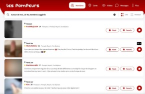 Capture d'écran de l'interface de recherche et des profils sur LesPompeurs.com, montrant des membres suggérés autour de soi (18-49 ans) avec leur pseudo, âge, localisation et leurs annonces de rencontre explicites.