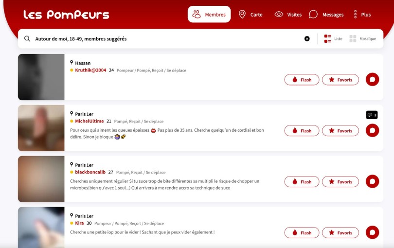 Capture d'écran de l'interface de recherche et des profils sur LesPompeurs.com, montrant des membres suggérés autour de soi (18-49 ans) avec leur pseudo, âge, localisation et leurs annonces de rencontre explicites.