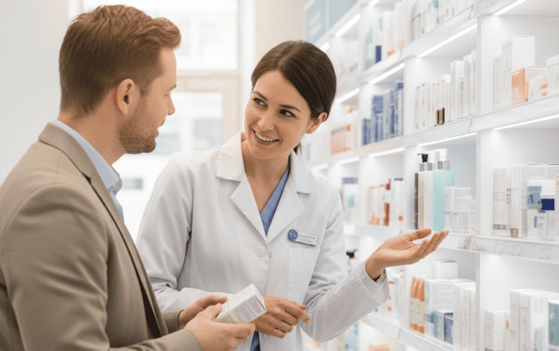 Pharmacienne professionnelle donnant des conseils discrets à une cliente sur les produits intimes