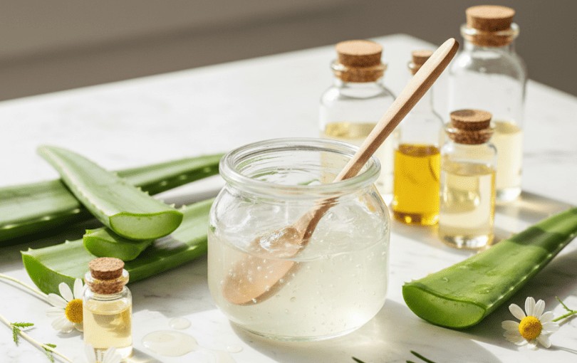 Préparation maison d’un lubrifiant naturel intime avec aloe vera frais et huiles végétales bio dans pot en verre