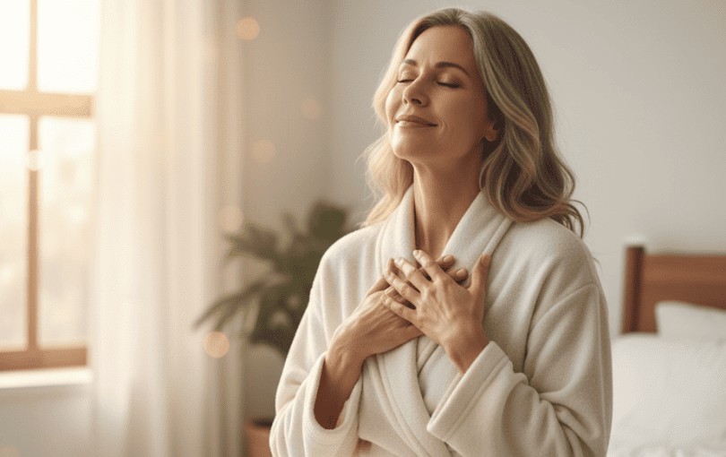 Femme sereine et confortable symbolisant le soulagement de la sécheresse vaginale avec lubrifiant adapté