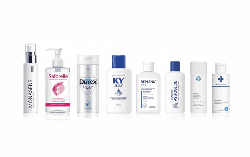 Collection de huit produits lubrifiants de marques pharmaceutiques alignés sur fond blanc