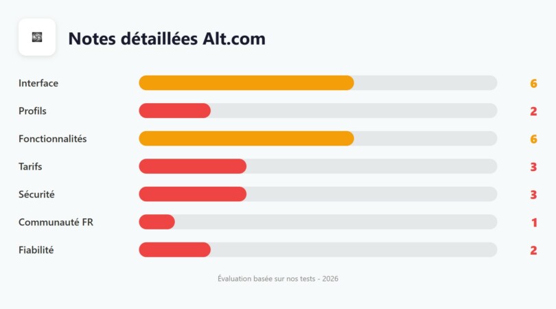 Notes détaillées Alt.com par critère : interface 6/10, profils 2/10, fonctionnalités 6/10, tarifs 3/10, sécurité 3/10, communauté FR 1/10, fiabilité 2/10