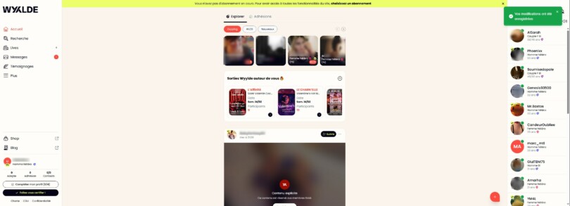Page d’accueil Wyylde avec fil d’actualité et sorties