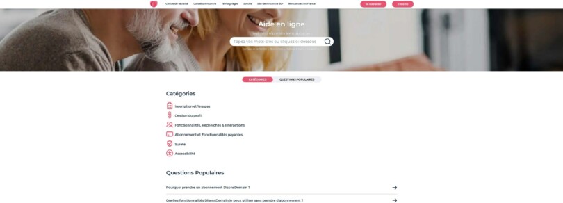 Page d’aide en ligne de DisonsDemain avec 6 catégories de support
