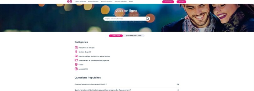 Centre d’aide en ligne Meetic avec catégories et questions populaires