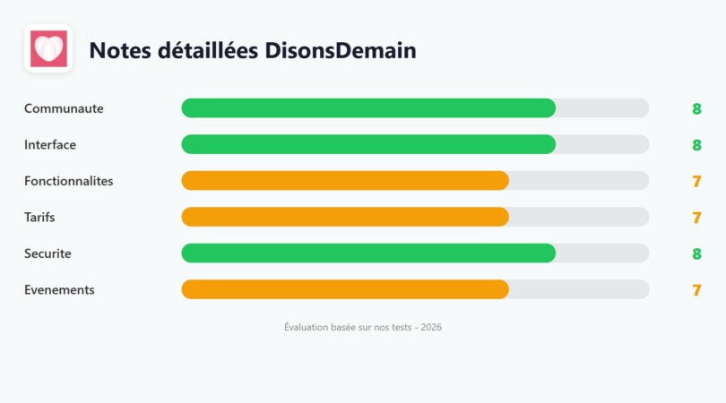Notes détaillées DisonsDemain : Communauté 8, Interface 8, Fonctionnalités 7, Tarifs 7, Sécurité 8, Événements 7