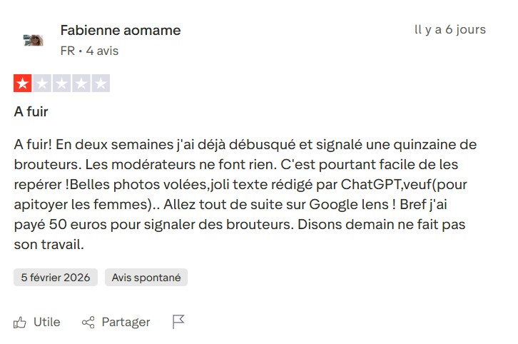 Avis Trustpilot signalant des brouteurs sur DisonsDemain