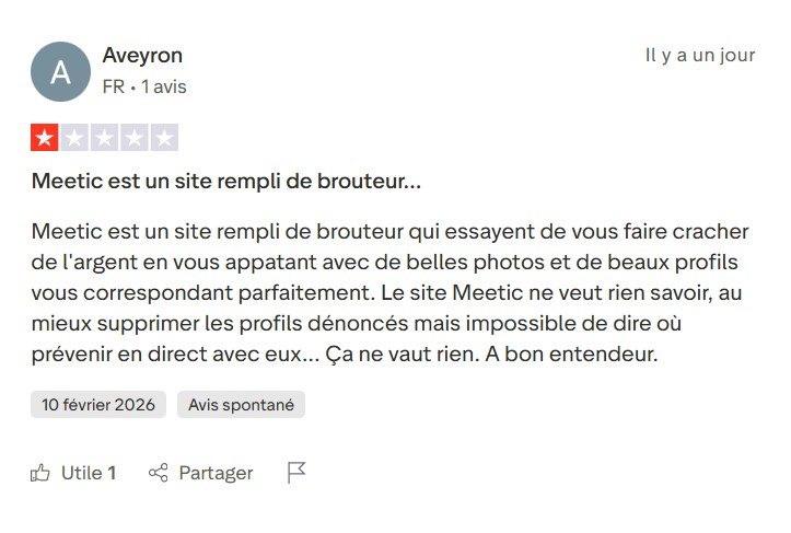 Avis Trustpilot signalant des brouteurs sur Meetic
