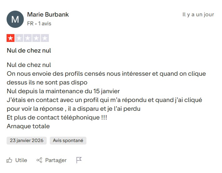 Avis Trustpilot négatif mentionnant des bugs depuis la maintenance du 15 janvier 2026