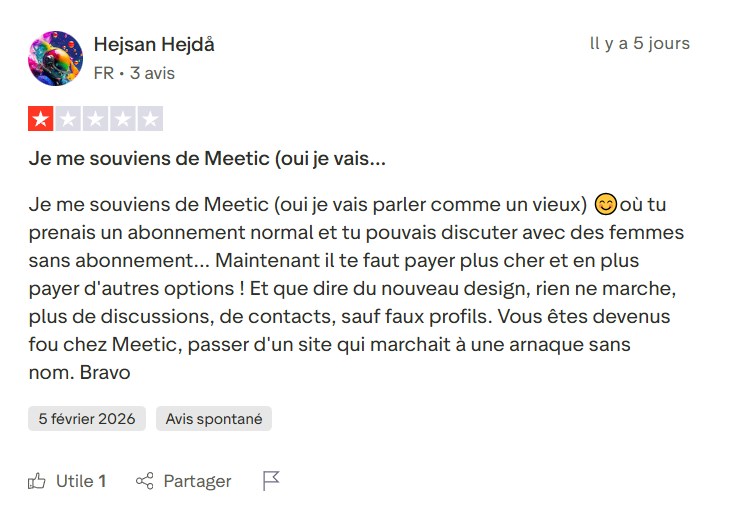 Avis Trustpilot nostalgique de l’ancien Meetic qui fonctionnait bien