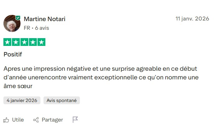Avis Trustpilot 5 étoiles de Martine parlant d’une rencontre exceptionnelle