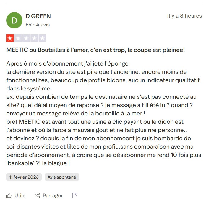 Avis négatif Trustpilot Meetic février 2026 parlant d’usine à clic