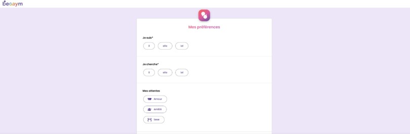 Page d’inscription BeGaym avec choix des pronoms il elle iel et attentes amour amitié sexe