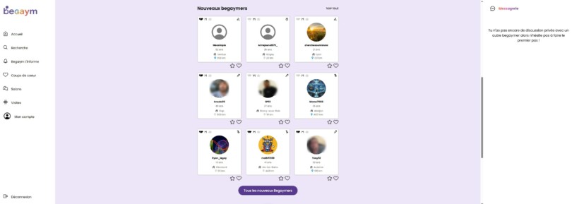 Grille des nouveaux membres BeGaym avec photos pseudos âges et distances