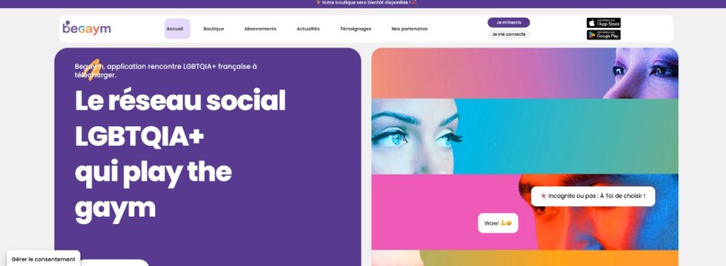 Page d’accueil de BeGaym avec le slogan Le réseau social LGBTQIA+ qui play the gaym