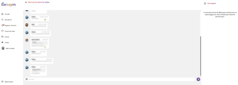 Salon de discussion BeGaym avec messages de différents utilisateurs