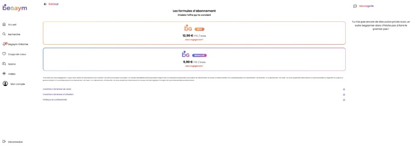 Page des tarifs BeGaym montrant BG Geek à 12,90 euros et BG Branché à 9,90 euros par mois