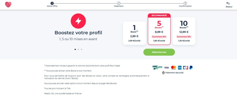 Page d’achat des Boosts sur DisonsDemain de 2,99 à 12,99 euros