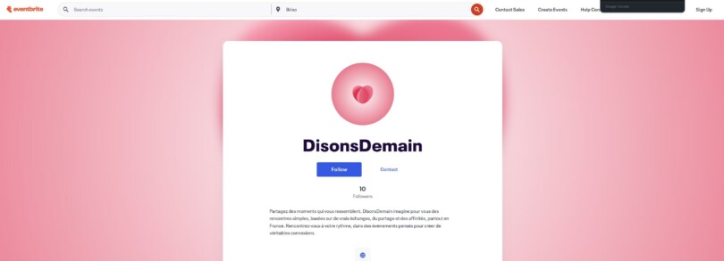 Page Eventbrite de DisonsDemain avec 10 followers et description des événements