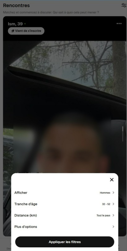 Filtres de recherche Badoo : genre, tranche d’âge, distance
