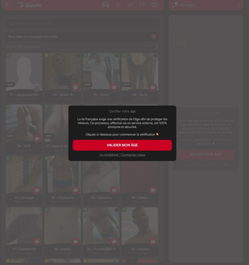 Grille de profils sur Gaym.com avec popup de vérification d’âge conforme à la loi française