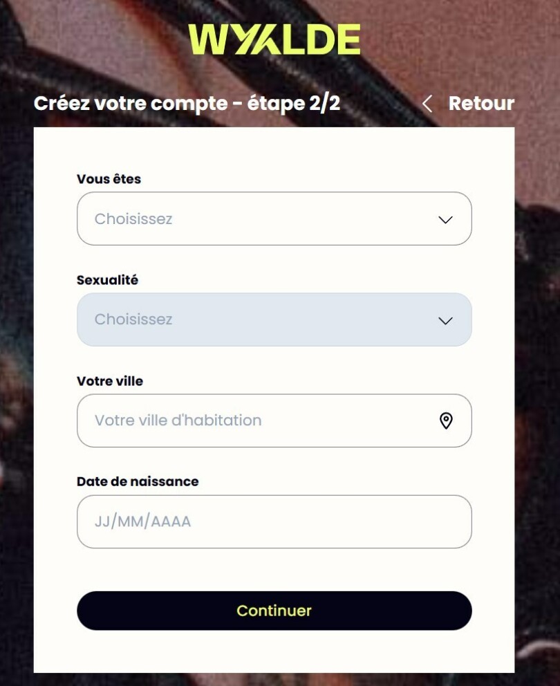 Formulaire d’inscription Wyylde étape 2 : profil, sexualité, ville