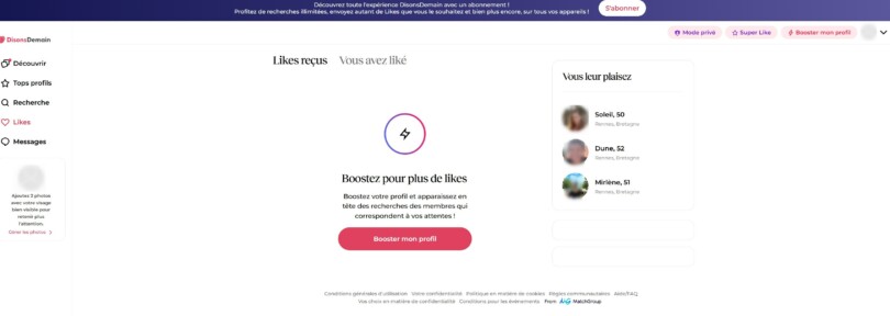 Page Likes de DisonsDemain invitant à booster son profil
