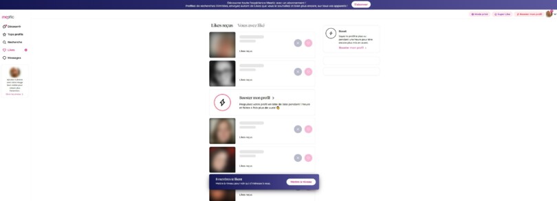 Page Likes Meetic avec photos floutées et invitation à mettre à niveau