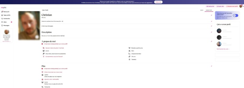 Page profil Meetic : photo, prénom, âge, ville, description et section Qui a vu mon profil