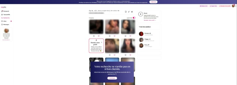 Page Recherche de Meetic : grille de profils avec filtres âge et distance