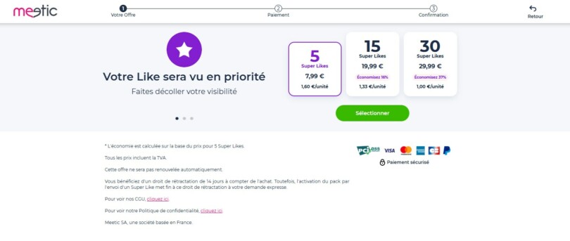Options Super Like Meetic : 5 pour 7,99 euros, 15 pour 19,99 euros, 30 pour 29,99 euros