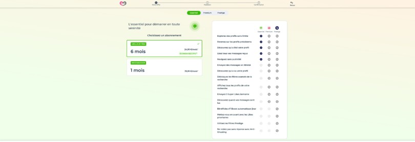 Tarifs du pass Essentiel Meetic : 24,99 euros par mois sur 6 mois, 39,99 euros pour 1 mois