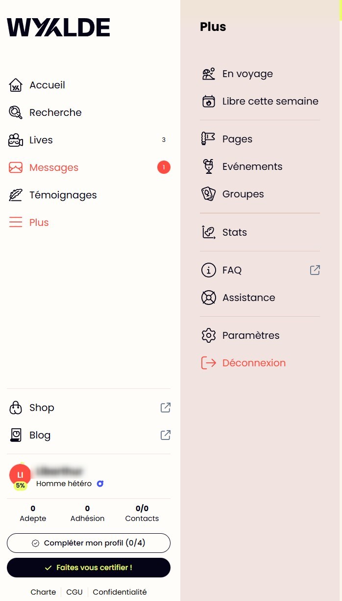 Menu de navigation Wyylde avec toutes les fonctionnalités