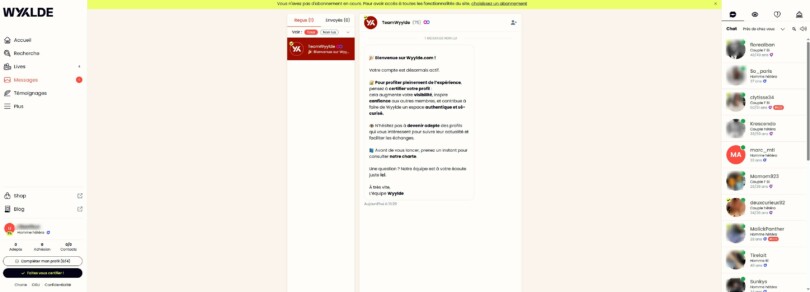 Message de bienvenue TeamWyylde lors de la première connexion