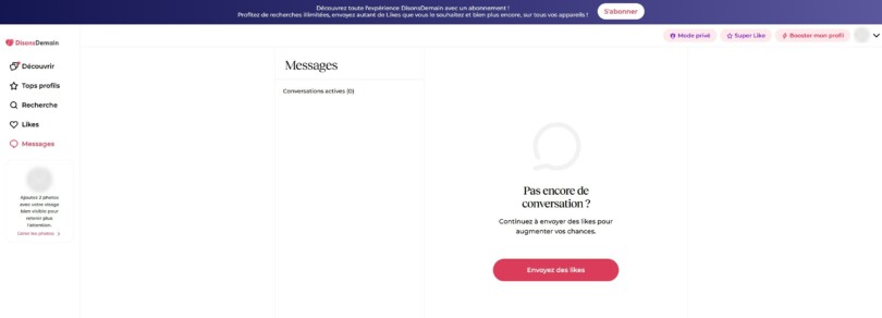 Page Messages de DisonsDemain montrant zéro conversation active