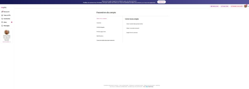 Paramètres du compte Meetic avec options de gestion d’abonnement