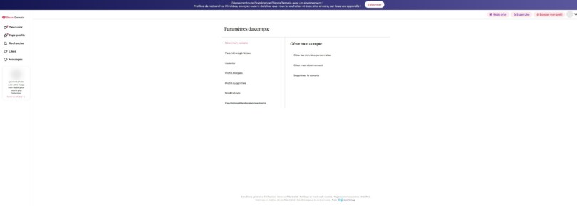 Page Paramètres de DisonsDemain montrant le footer From Meetic Group