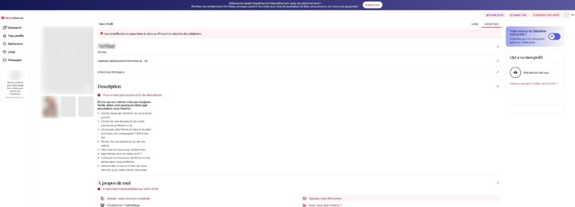 Page Mon Profil de DisonsDemain en mode modification avec suggestions de description