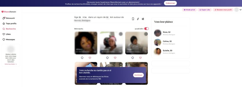 Page Recherche de DisonsDemain avec 199 matchs et filtres avancés bloqués