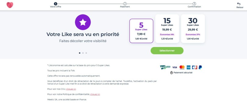 Page d’achat des Super Likes sur DisonsDemain